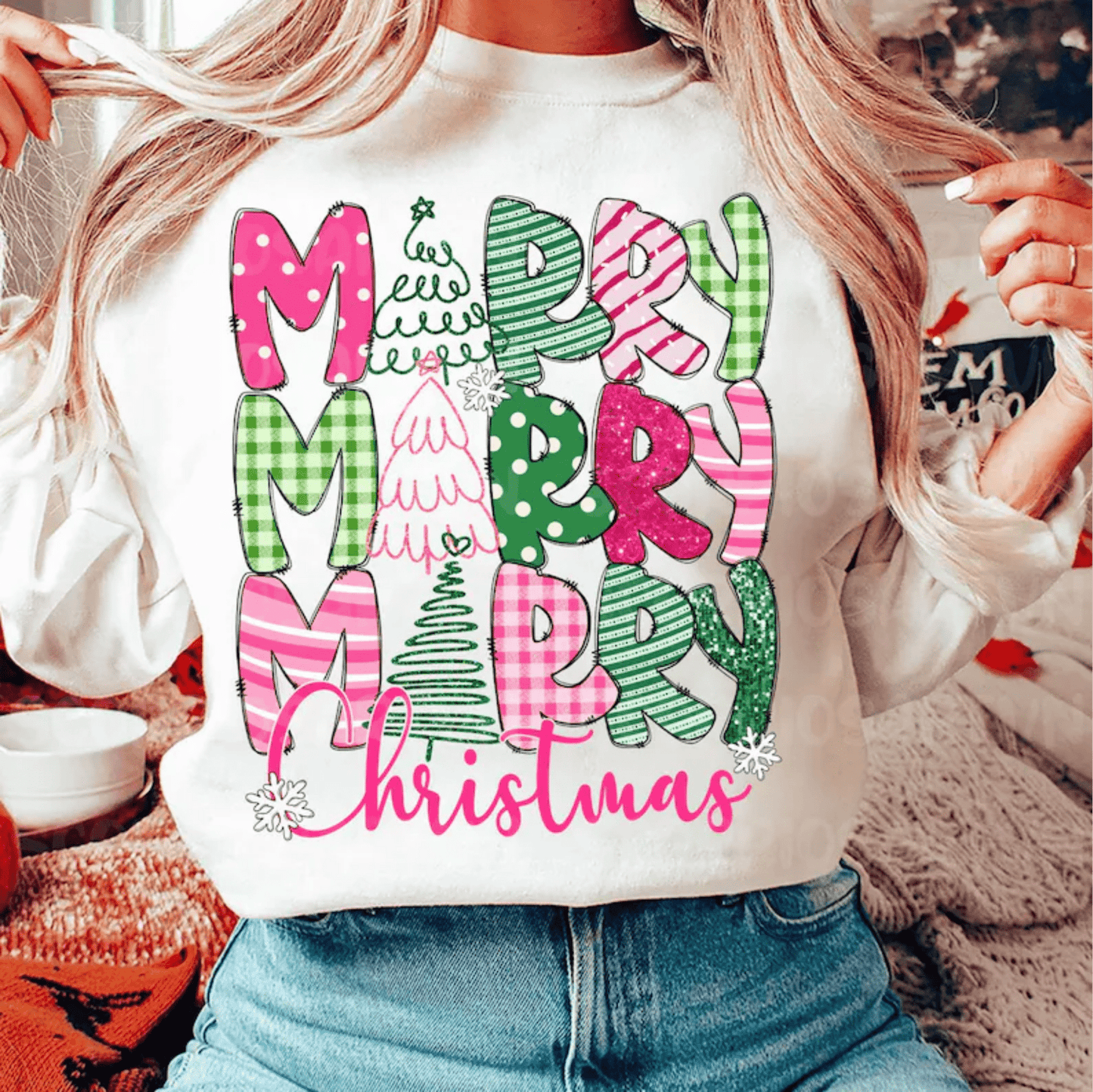 Merry Merry Merry Christmas pink green DTF size ADULT DTF TRANSFER PRINT TO ORDER - Do it yourself Transfers