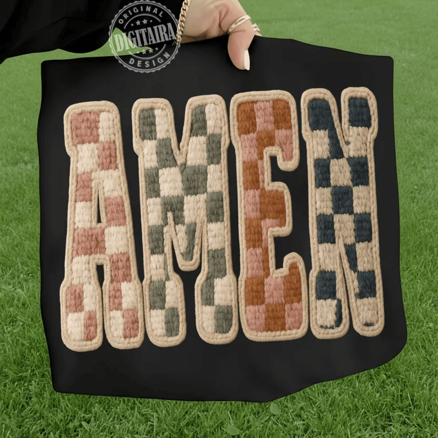 RTS AMEN CHECKER CREAM FAUX DTF DIRECT TO FILM transfers ADULT 10X12 - Do it yourself Transfers
