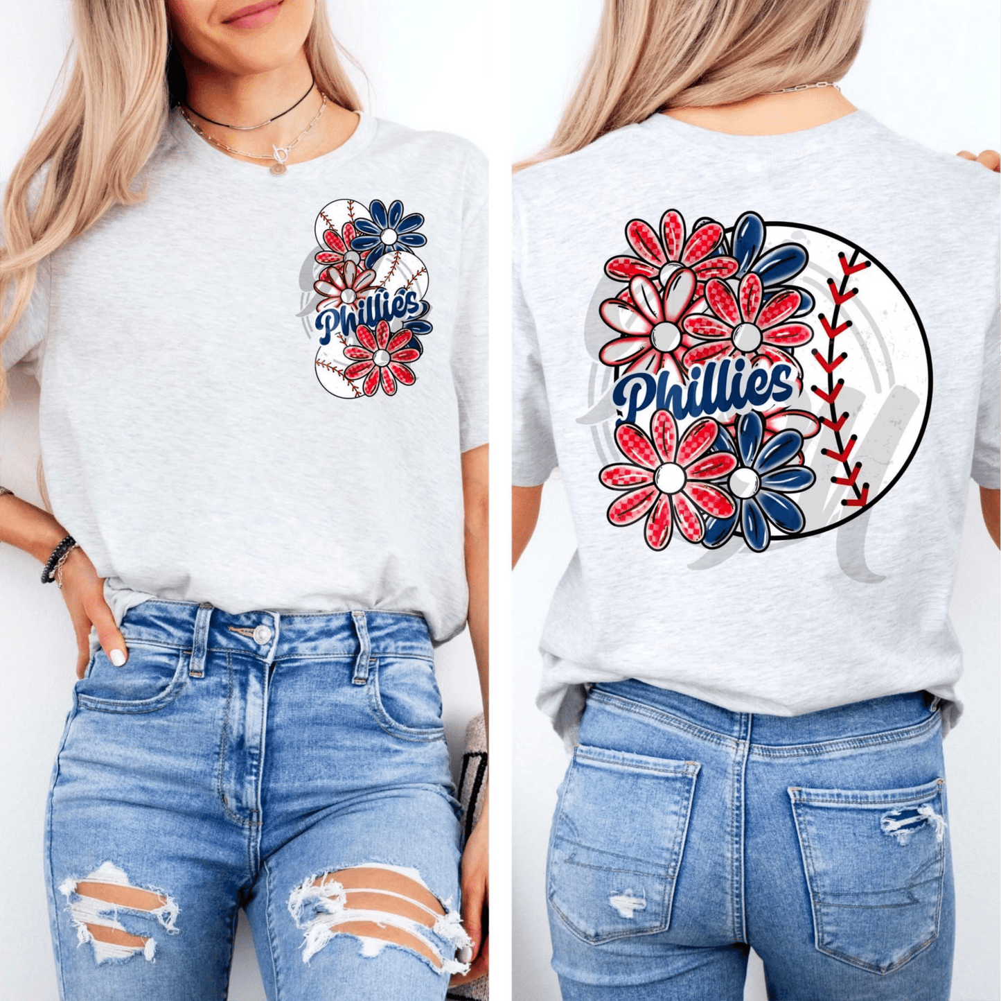 TRANSFER TUESDAY PHILLIES RED BLUE BASEBALL FLOWERS DTF DIRECT TO FILM transfers size ADULT 9X12 POCKET - Do it yourself Transfers