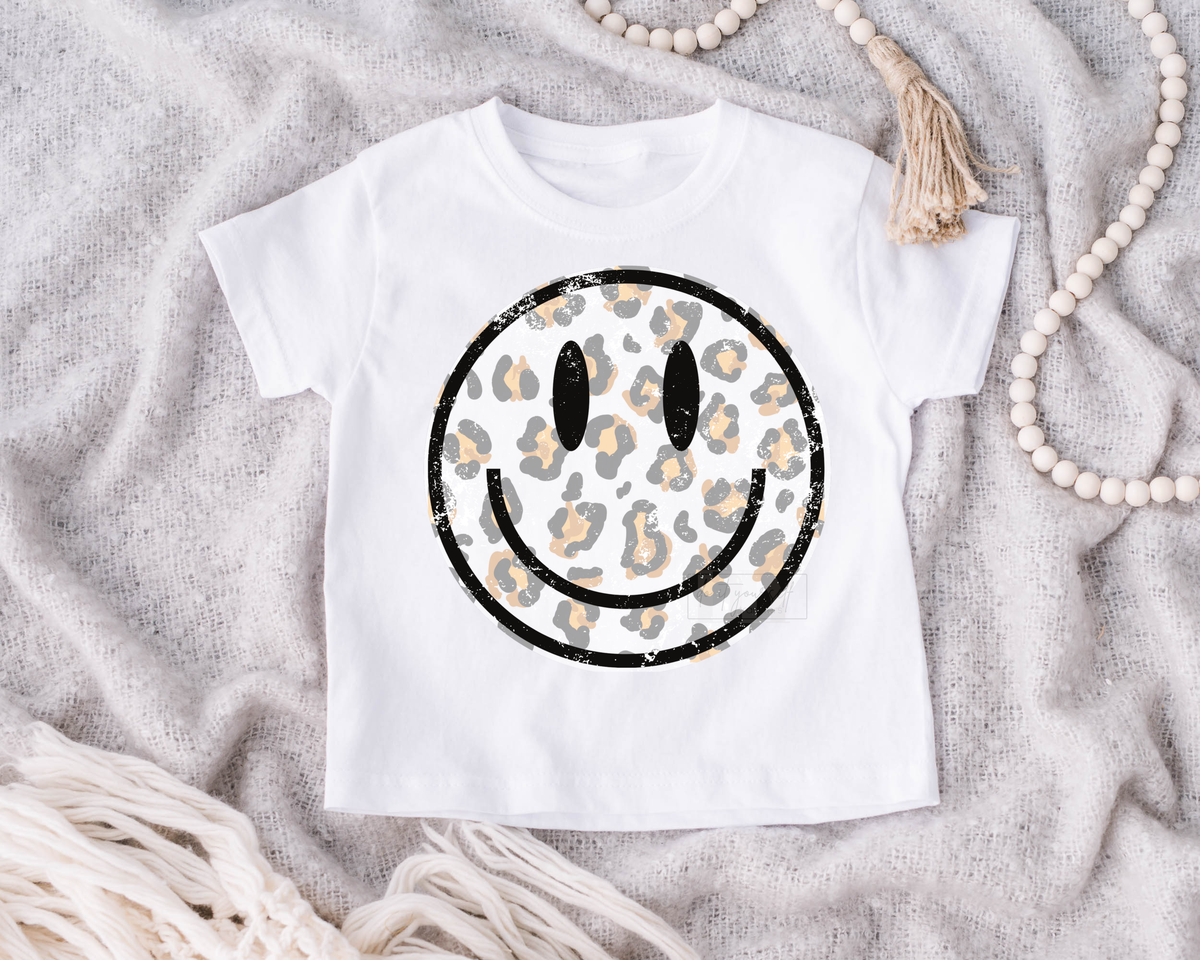 Smiley Face BLACK WHITE leopard size KIDS 7x7 DTF TRANSFERPRINT TO ORDER