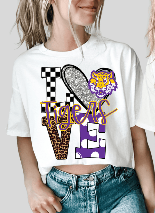 Love TIGERS yellow purple sports DTF size ADULT DTF TRANSFER PRINT TO ORDER - Do it yourself Transfers