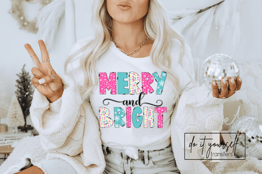 Merry & Bright pink baby blue white snowflakes Christmas ADULT DTF TRANSFERPRINT TO ORDER - Do it yourself Transfers