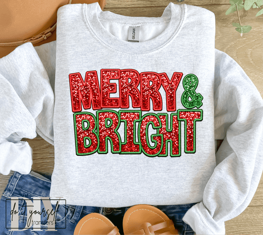 Merry & Bright RED GREEN Christmas DTF TRANSFER PRINT TO ORDER 680 - Do it yourself Transfers