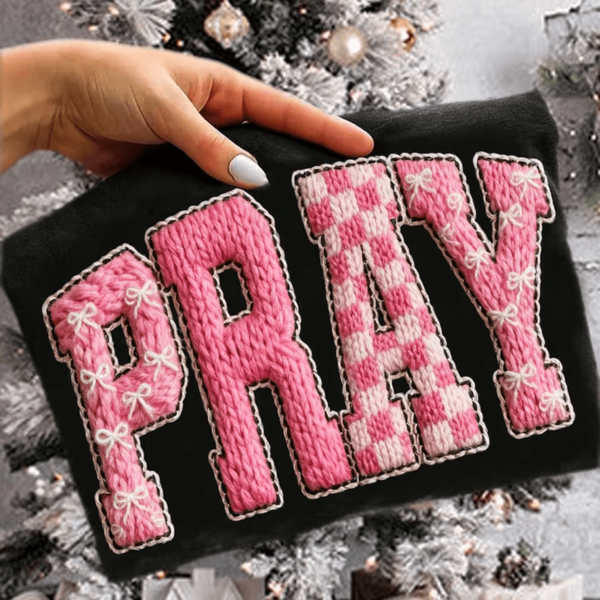 RTS PRAY PINK WHITE YARN FAUX DTF DIRECT TO FILM transfers ADULT 9X12 - Do it yourself Transfers