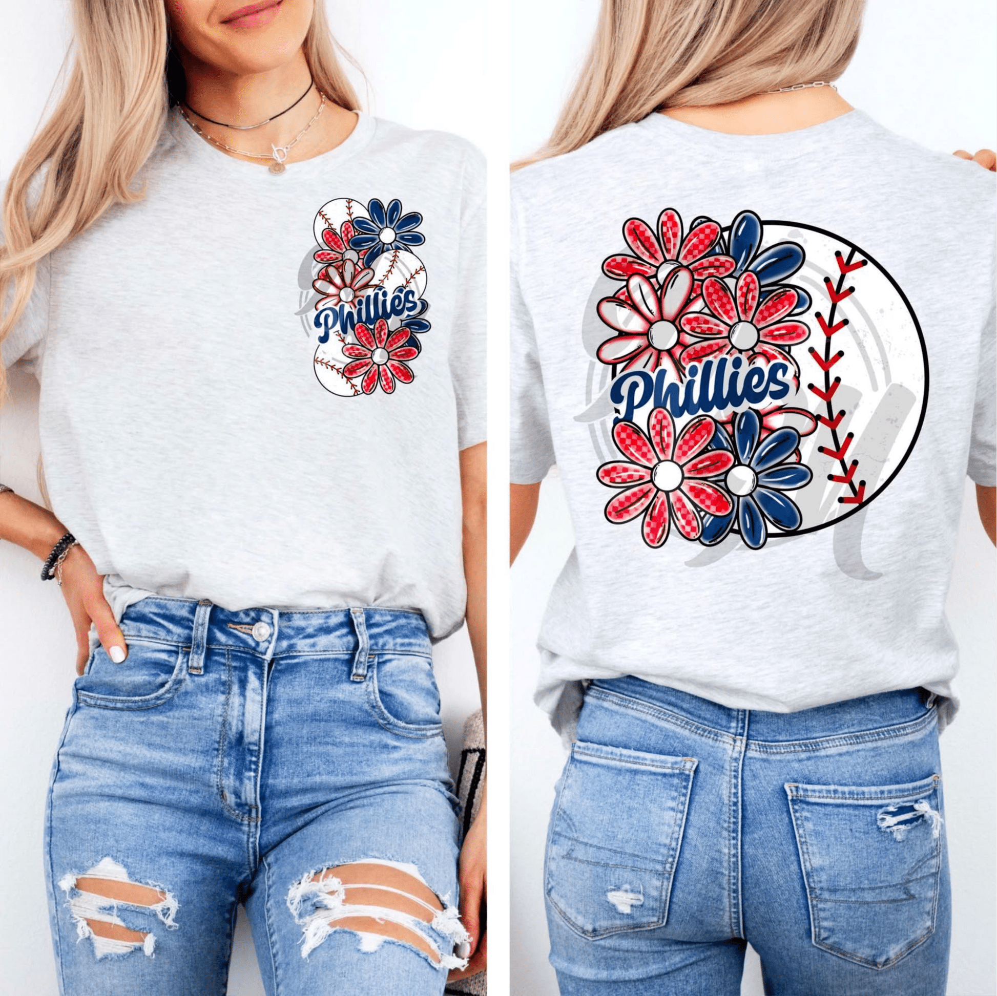 TRANSFER TUESDAY PHILLIES RED BLUE BASEBALL FLOWERS DTF DIRECT TO FILM transfers size ADULT 9X12 POCKET - Do it yourself Transfers